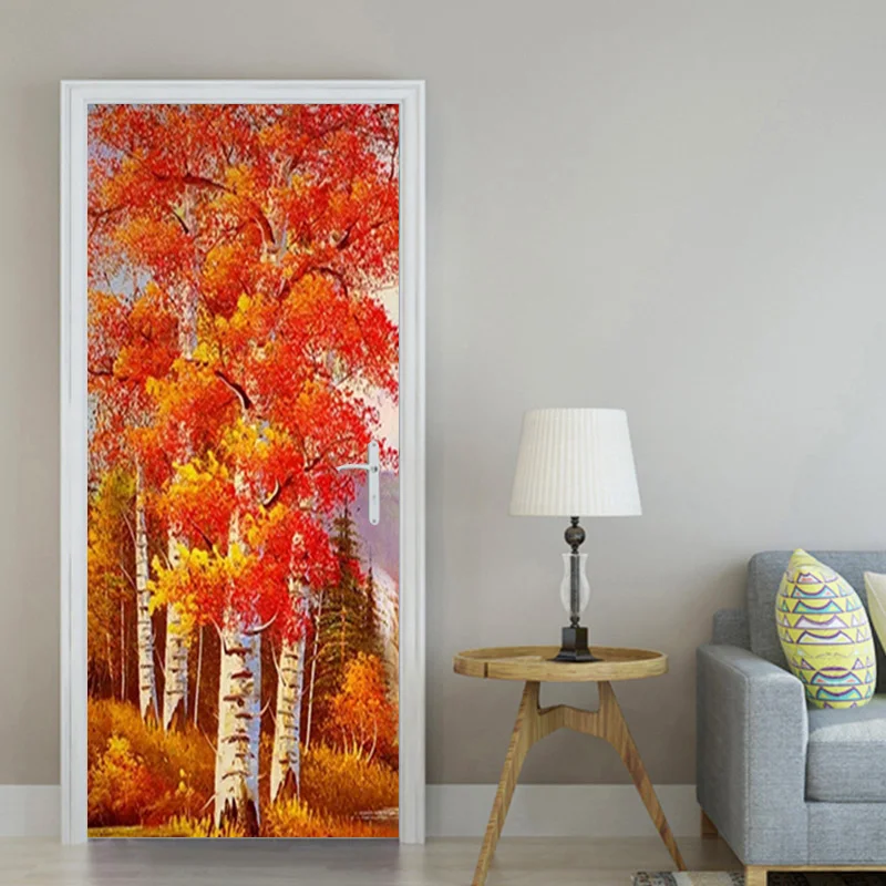 

Autumn Maple Trees Landscape Photo Door Sticker for Bedroom Living Room Wall Decor PVC Waterproof Self-adhesive Mural Stickers