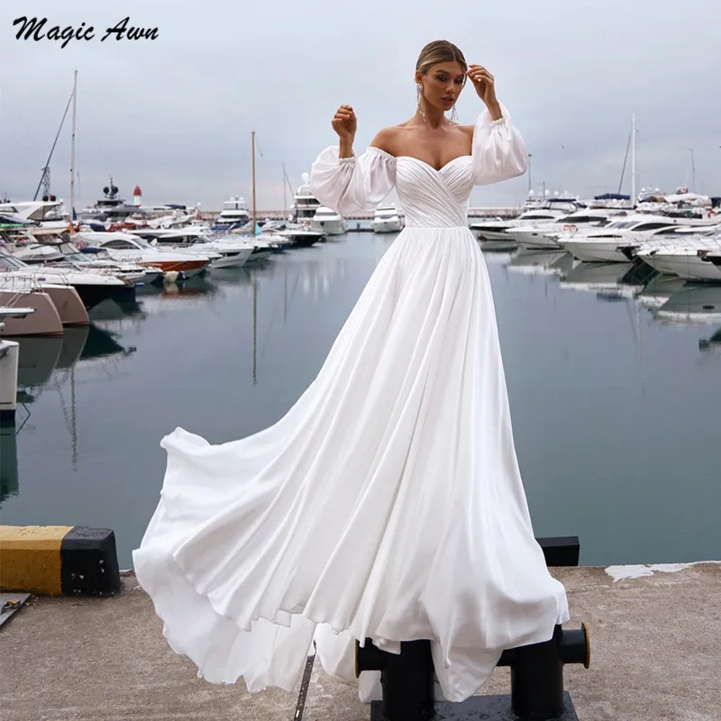 Magic Awn Off The Shoulder Beach abiti da sposa maniche lunghe Chiffon semplice Boho Maraige abiti per le donne 2023 Vestidos De Novia