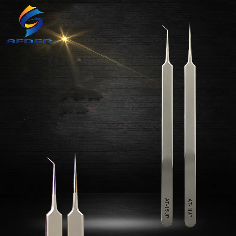 Ultra Thin Fly Line Tweezers 0.15mm AT-11JP Straight/AT-15JP Curved Stainless Steel Industrial Precision Tweezers