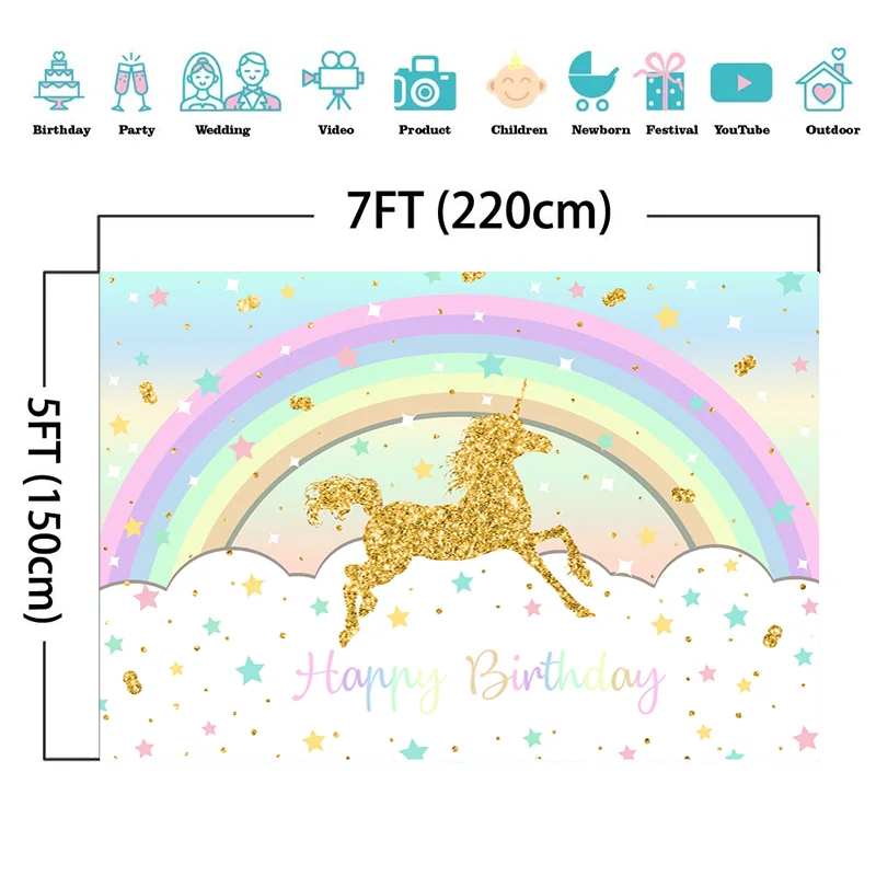 Happy Birthday Party Backdrop Rainbow and Golden Horse Background Customized Photographic for Photo Studio