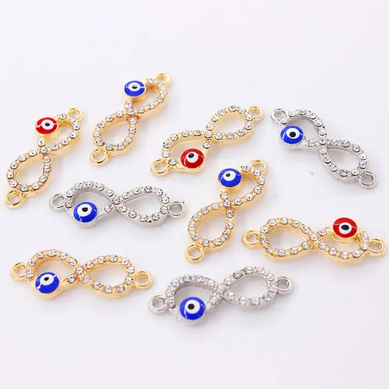 10pcs Handmade Rhinestone Blue and Red Eyes Infinity Symbol Pendants DIY Charms For Bracelet Jewelry Crafts Making 9.7*27mm P386