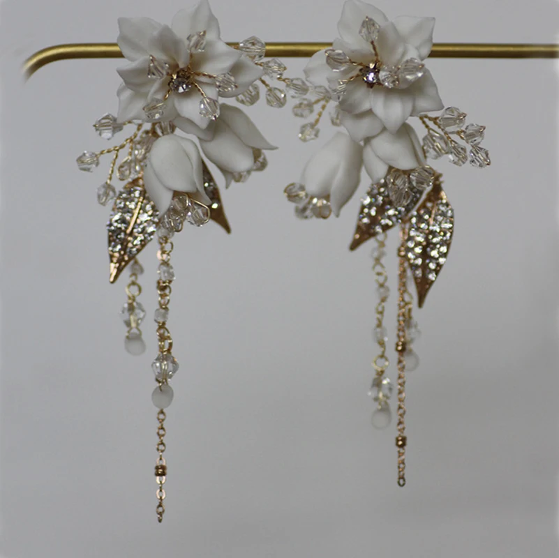 Handmade White Floral Bridal Drop Earrings Wedding Accessories Rhinestone Women Earring Jewelry