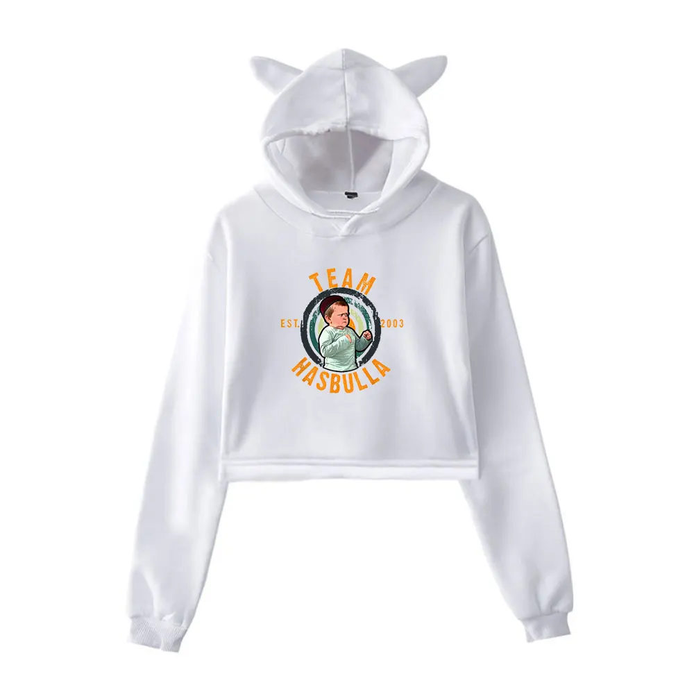 Team Hasbulla Smile Classic Hasbulla Fighting Print Cat Cropped Hoodies Women/Girl Long Sleeve Hooded Pullover Crop Tops Loose