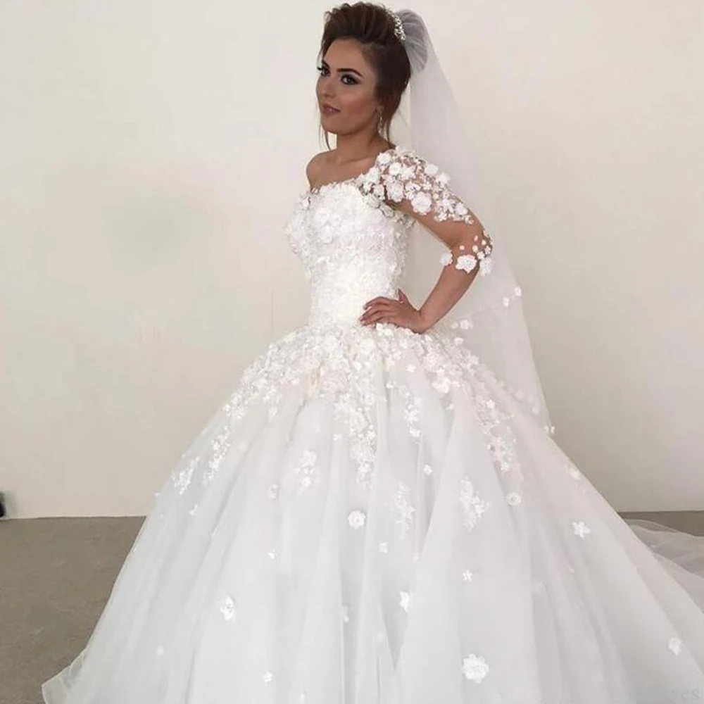 

Ball Gown 3D Flower Applique Wedding Dresses Sheer Full Sleeves Boat Neck Backless Train Bridal Gowns vestidos de fiesta платье