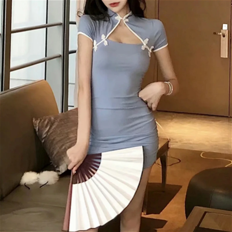 Dress Women Trendy Chinese Style Button Vintage Simple Sexy Ladies Bodycon Dresses Hollow Out Mini Elegant Party Womens Clothing