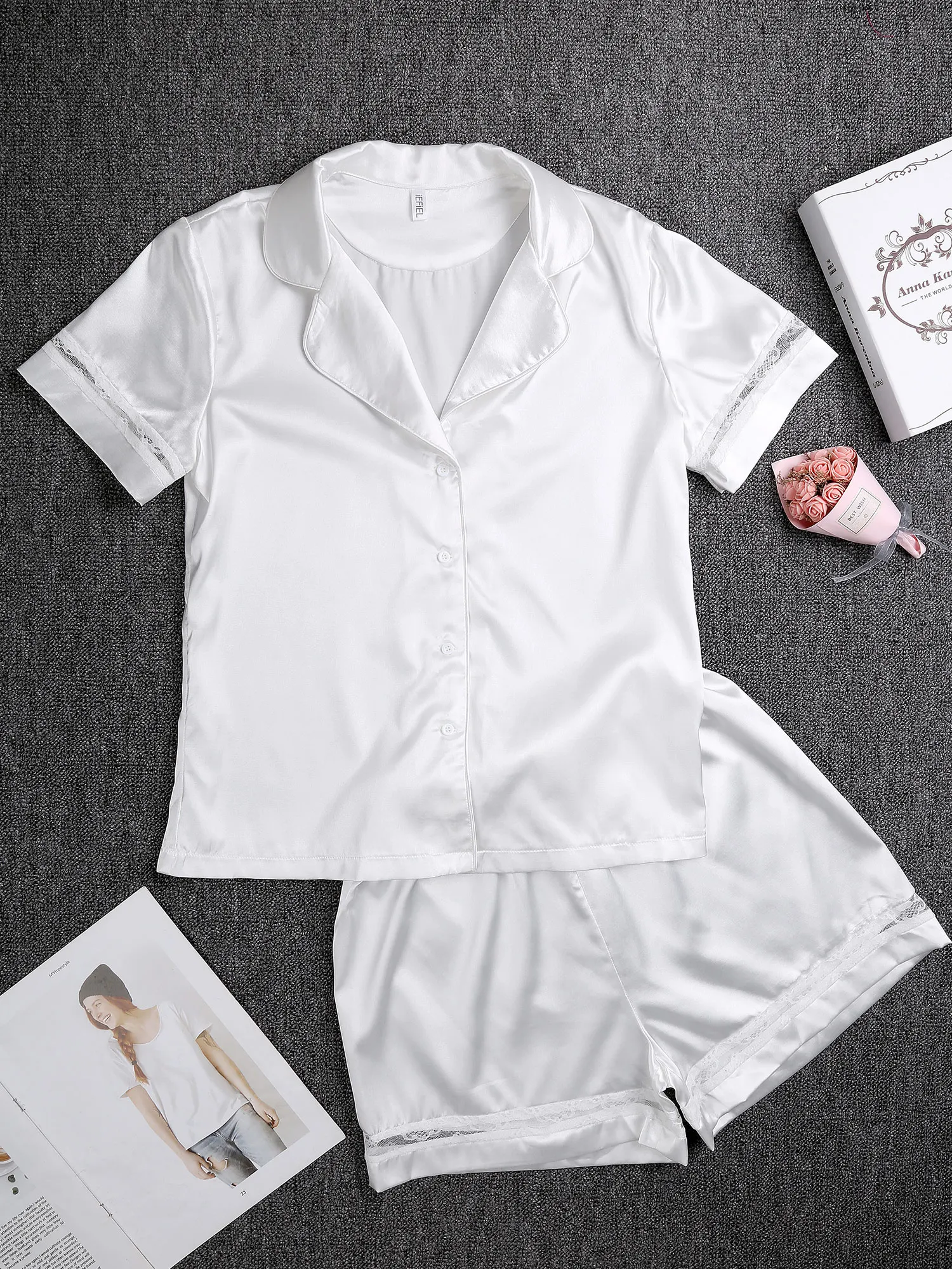 

Women Satin Silk Pajamas Set Sexy Summer Home Outfits Sleepwear Nightwear Lounge Short Sleeve Button Blouse T Shirts Shorts Set