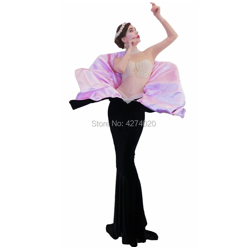Sexy women pearls shells dresses Pearls Transparent Long Sleeves Dress Birthday Celebrate Long party Dress