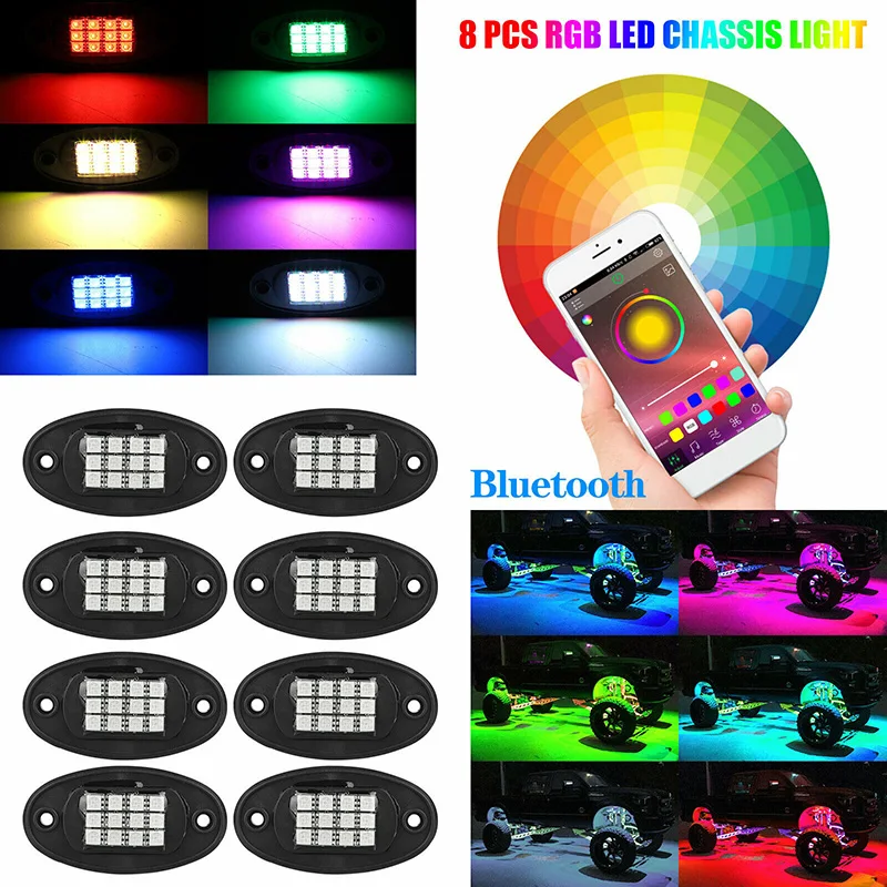 

CM 8 Pods RGB LED Rock Lights with Bluetooth Controller Remote Multicolor Neon LED Light Kit for Music Mode Flashing