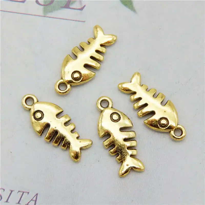 Julie Wang 40PCS Small Fish Bones Charms Retro Antique Color Fish Pendant Bracelet Alloy Jewelry Making Accessory