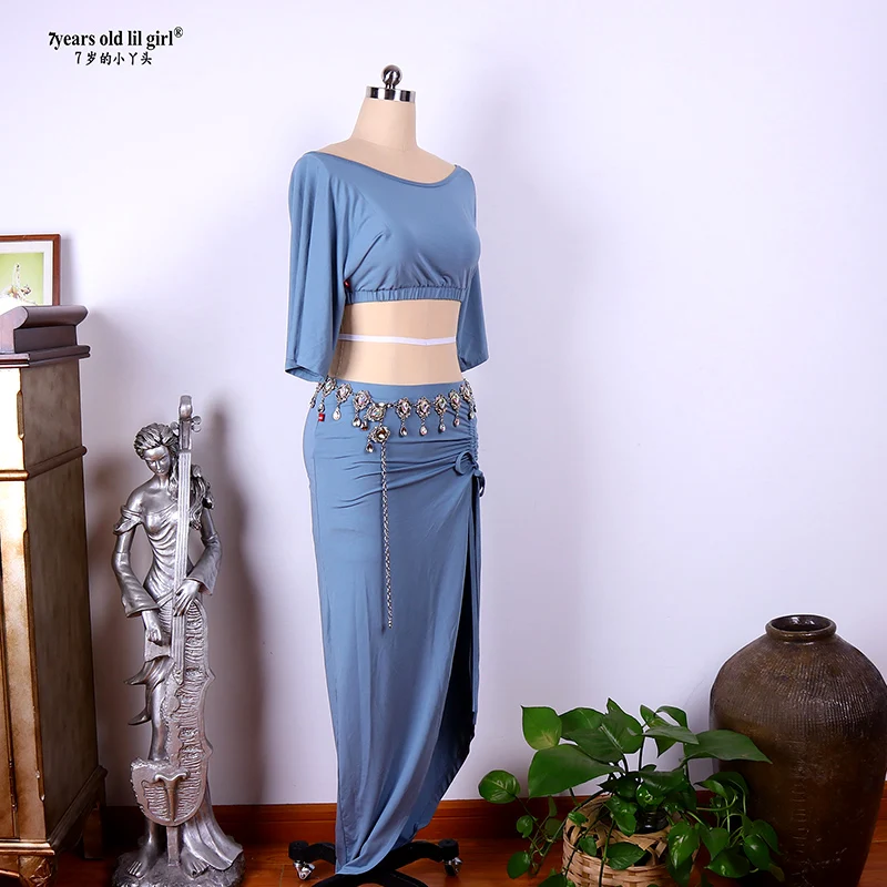 Novo feminino sexy modal rayon algodão mangas curtas + saia 2 pçs terno de prática de dança do ventre para conjunto superior gkk04