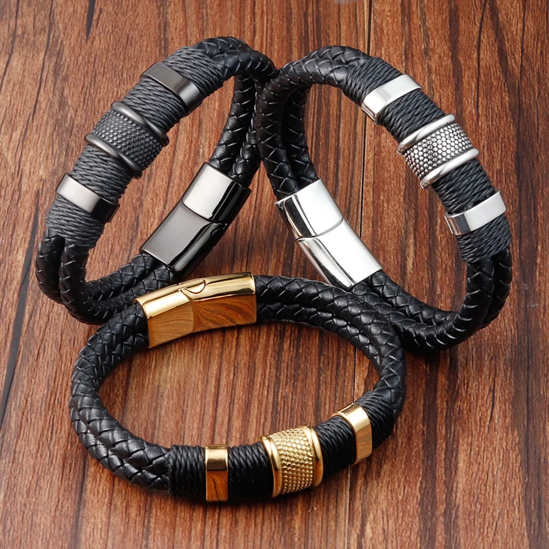 

Woven Leather Rope Wrapping Special Style Classic Stainless Steel Men's Leather Bracelet Double-layer Design DIY Customization