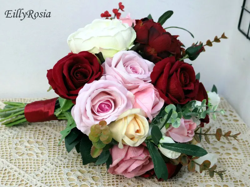 Eillyrosia design original buquê de noiva rosa champanhe rosas borgonha flores do casamento rústico artesanal artificial bouquet