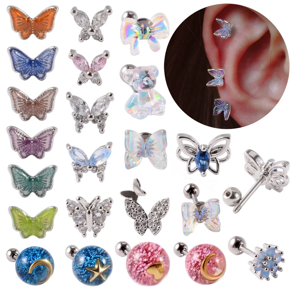 1pcs Surgical Steel CZ Cute Butterfly Ear Studs Cartilage Helix Lobe Conch Piercing Earring For Girls Gift Body Piercing Jewelry