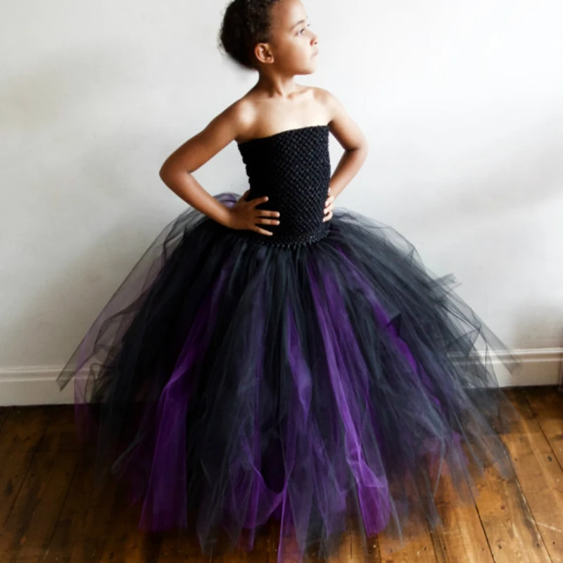 Girls Black Purple Tutu Dress Kids Crochet Corset Tulle Dress Long Ball Gown Children Halloween Birthday Party Costume Dreeses