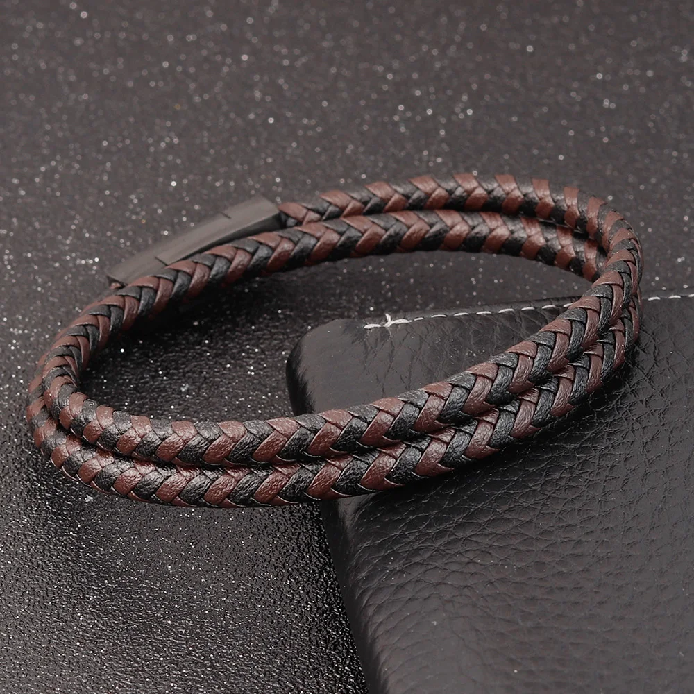Fashion Unisex Multi-layer Woven Leather And Stainless Steel Combination Men\'s Leather Bracelet Black Brown Male Jewelry Gift