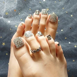 Praça prata unhas falsas com cola, diamante espumante, remendo de manicure, pressione sobre DL, verão, terminado, ToeNail, 24pcs