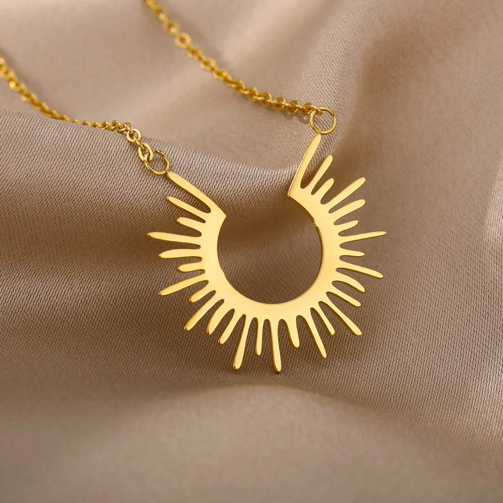 Goth Stainless Steel Half Circle Sun Necklaces For Women Men Gold Color Spiked Collar Choker Necklace Asthetic Jewerly