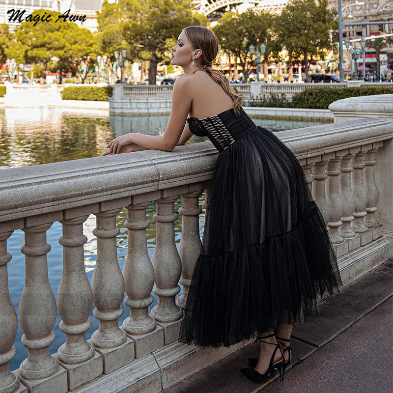 Magic Awn Black Vintage Prom Dresses 2021 Sweetheart Pleats Tea-Length A-Line Short Evening Celebrity Gowns Abiti Da Sera