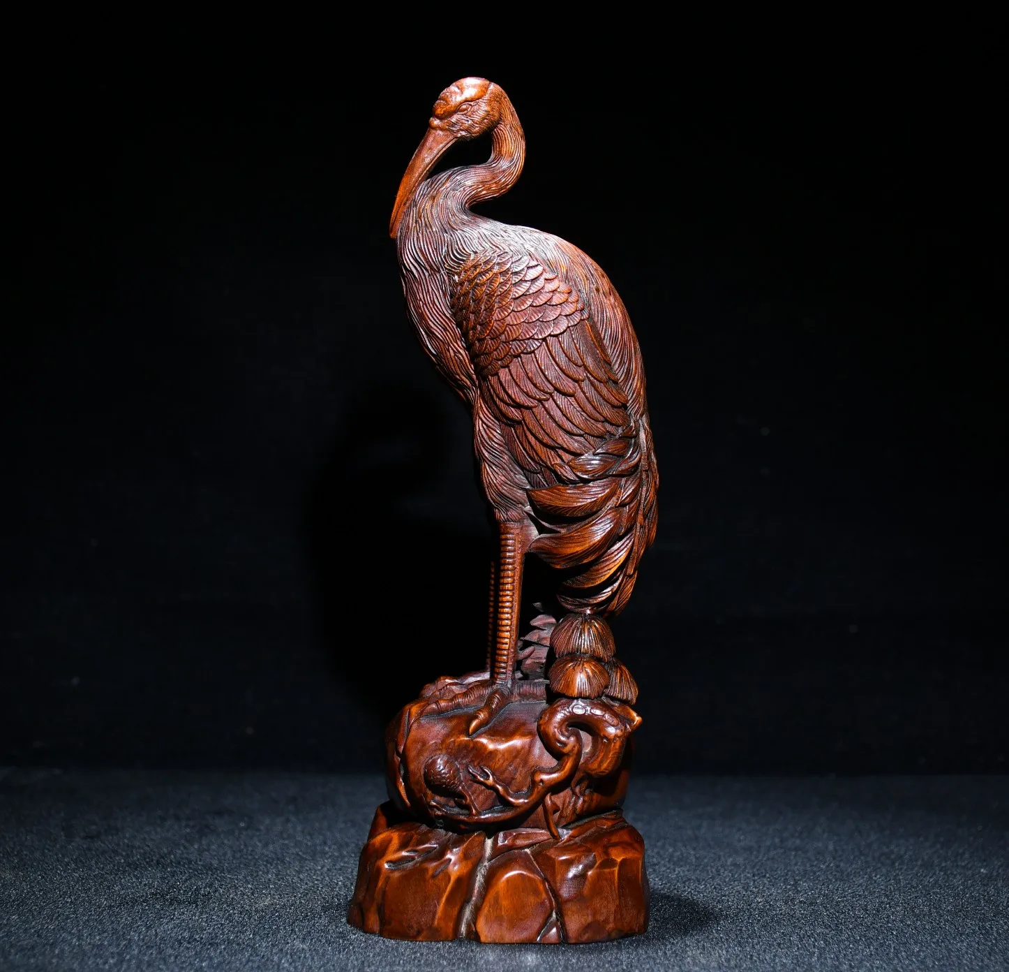 

8"Tibetan Temple Collection Old Boxwood Crane Statue Longevity Red crowned Crane Amass wealth Ornaments Town house Exorcism