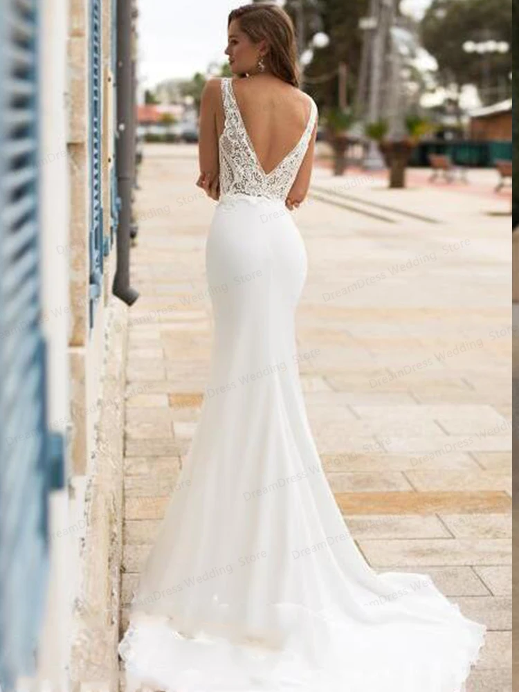 Sexy sereia vestido de casamento branco para as mulheres com decote em v sem mangas rendas apliques vestido de noiva sem costas robe de mariee feito sob encomenda