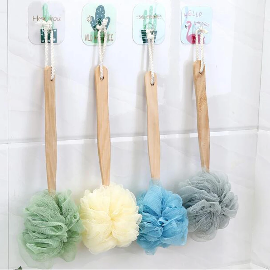 Long Handle Mesh Pouf Bath Sponge, Shower Body & Back Scrubber on a Stick with a Wood Handle for Men & Women, Easy to Reach