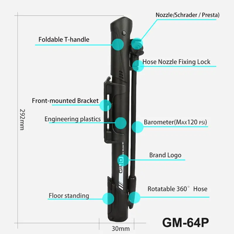 Giyo 140psi MTB Tyre Inflator Road Bike Cycling Hand Pump 120psi Schrader Presta Bicycle Tire Pump Mini Floor Standing Inflator