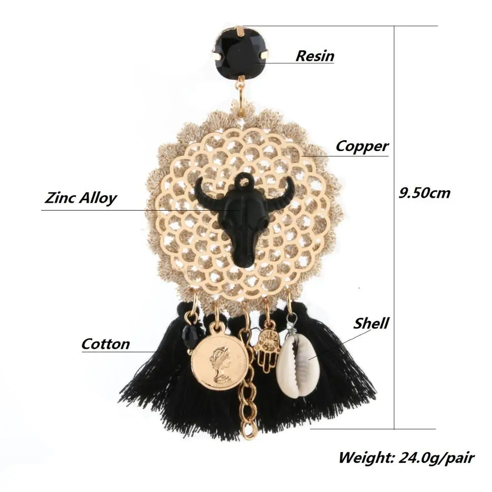 Zouchunfu Bull Head Earrings Dangle Boho Oorbellen Tassel Earrings For Women Wedding  Vintage Earrings Pendientes Statement Ear
