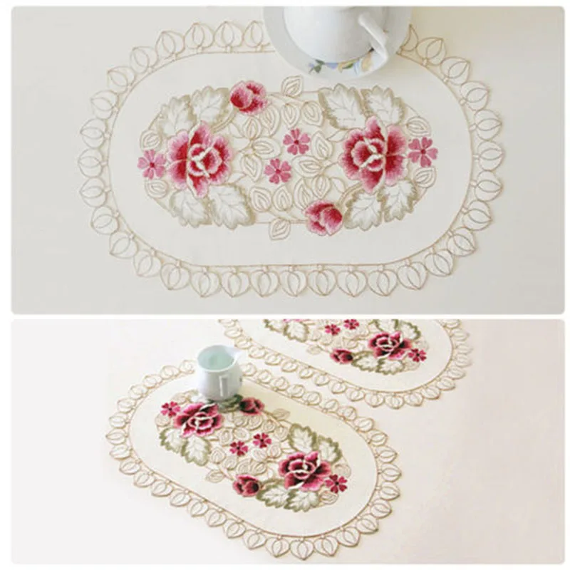 Home Dining Table Place Mat Vintage Embroidered Lace Fabric Placemat 30x45cm Floral Oval Table Cloth Placemat Home Tablecloth