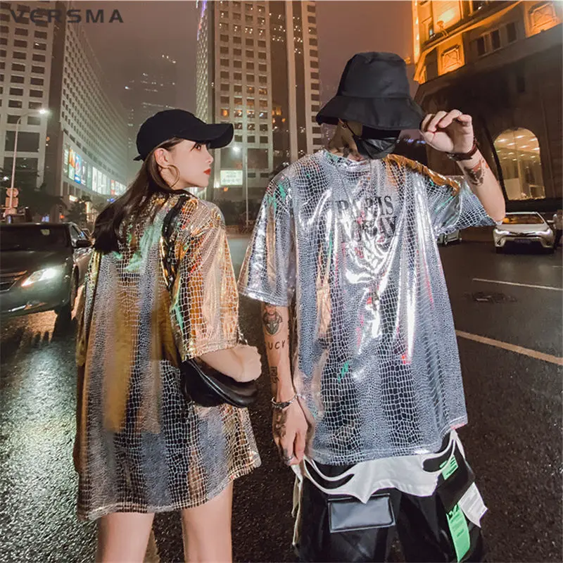 VERSMA Korean Clothing Sequin Shiny Top T-shirt Men Women Hip Hop Dance Costume Punk Rock Gothic Rapper T Shirt Men Dropshipping