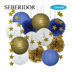 Kids Boy 13th Birthday Bar Mitzvah Party Favor Decor Gold Navy Blue Round Paper Lantern White Honeycomb Baptism DIY Glitter Star