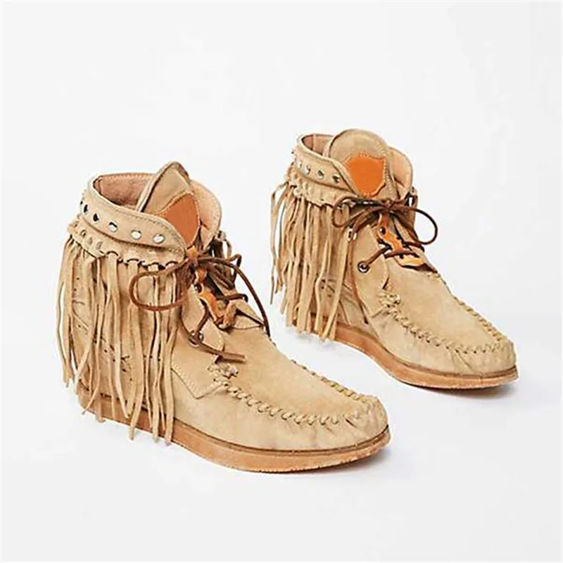 2022 New Autumn Women Ankle Boots British Style Tube Frosted Tassel Boots Spring Lace-Up Boots Solid Women Flat Shoe Botas Mujer