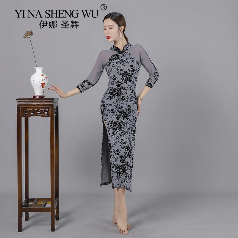 คลาสสิกเต้นรำพิมพ์ Cheongsam Light น้ำหนัก Flowy ผู้หญิงจีน Dance Gauze Slim Elegant Dancer ประสิทธิภาพแสดงสวมใส่