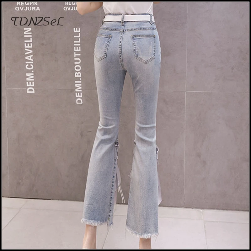 Spring High Waist Flare Jeans Women Irregular Beaded Bow Denim Pants Lady Elegant Trousers Slim Stretch Frayed Bell-bottom Pants