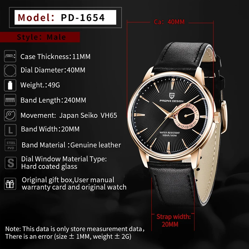 PAGNI DESIGN Mens Quartz Watches Mens Fashion Business Clock Waterproof Leather Sports Watch Men Luxury Brand Gold Wristwatches