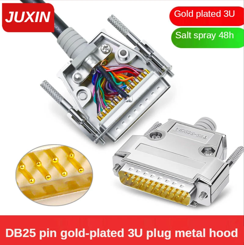 Industrial solid pin gold plated DB25 male female computer components  connector 25 pin plug 25p connector with metal hood