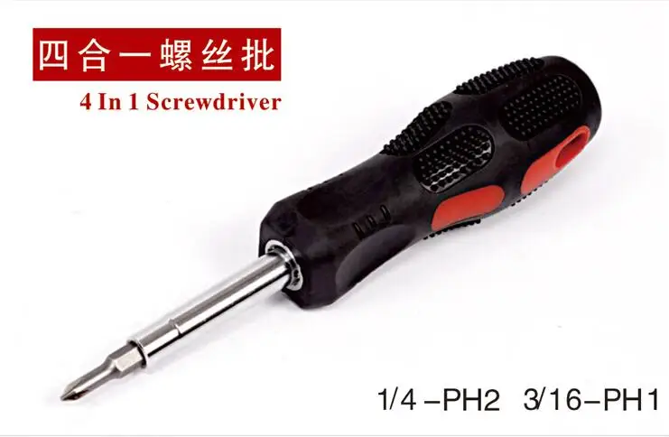 CRV steel Retro-industrial style wood handle Four in one screwdriver set phillips/slotted 1/4-PH2  3/16-PH1 magnetic