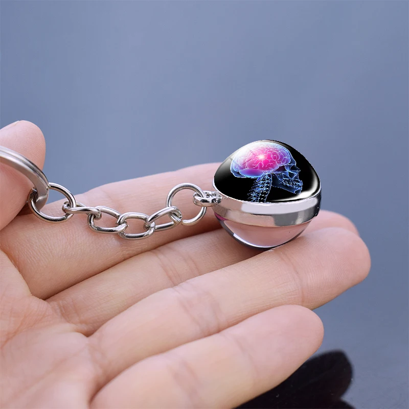 Human Head Skull Keychain Pendant Anatomy Science Brain Keychain Keyring Double Side Ball Key Chain Key Holder Doctor\'s Gift