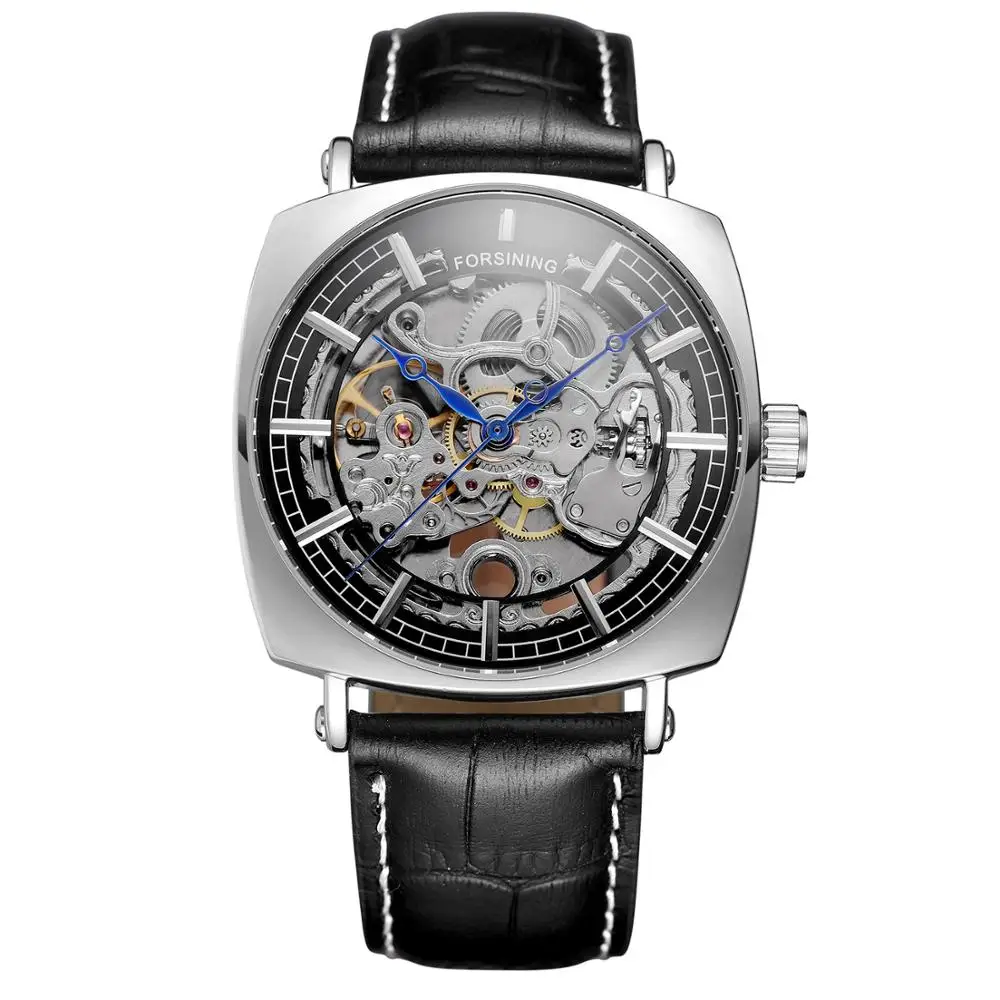 FORSINING Fashion casual men\'s silver quadrilateral case blue hands black dial and leather strap automatic mechanical watch