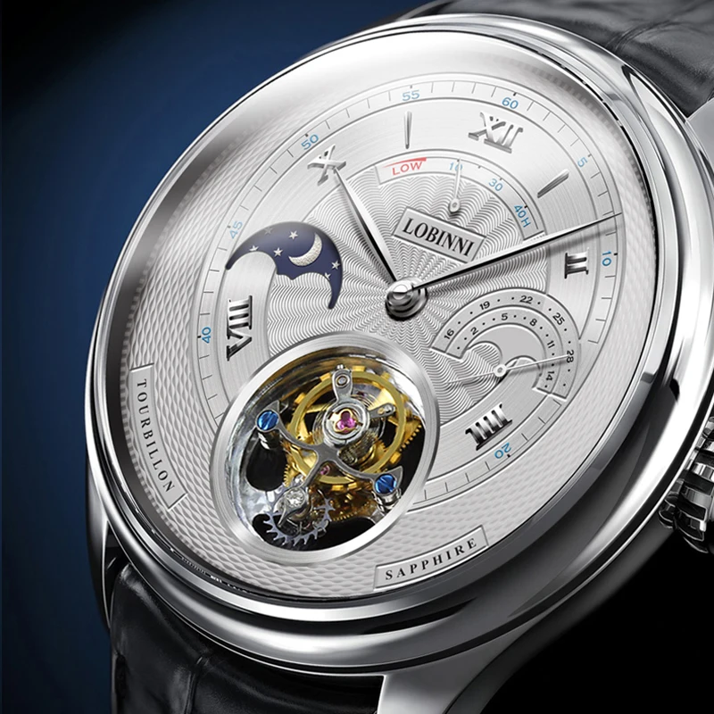 LOBINNI ريال توربيون ساعة اليد الفاخرة رجالي حركة النورس الساعات الميكانيكية رجل الأيدي ساعة دليل ساعات الرياح