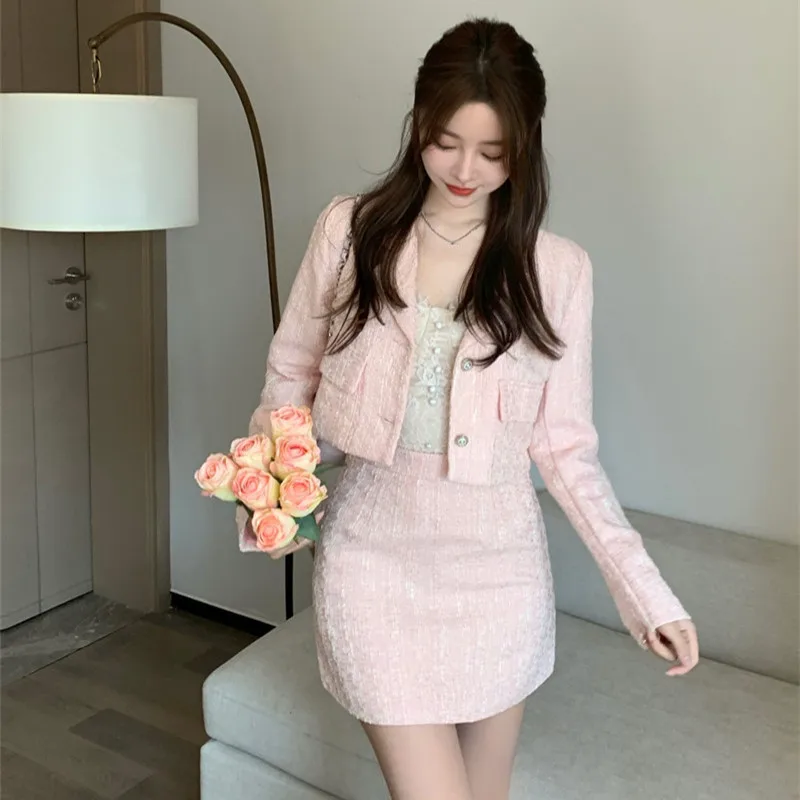 Autumn Small Fragrance Vintage Tweed 2 Piece Set Winter Women Woolen Short Jacket Coat + A-Line Mini Skirts Sets Sweet Pink Suit