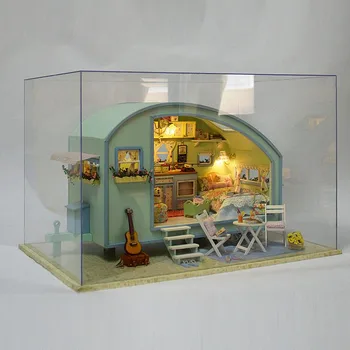 Diy Dollhouse Travel Caravan Wooden Dollhouse Miniature Kit Doll House LED Music Box Sound Control Handmade Kits for Girls