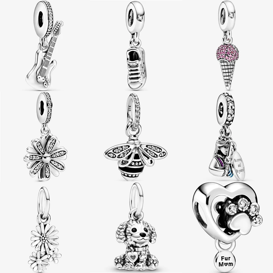 

New 925 Sterling silver Sparkling Daisy Flower Charm Fit pandora bracelet Sneaker Shoe Electric Guitar Dangle Charm DIY jewelry