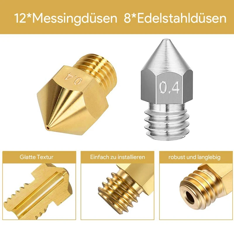 20Pcs 3D Printer Nozzle Kit, Brass+Stainless Steel MK8 Nozzles Extruder Print Head with Nozzle Cleaner Tool