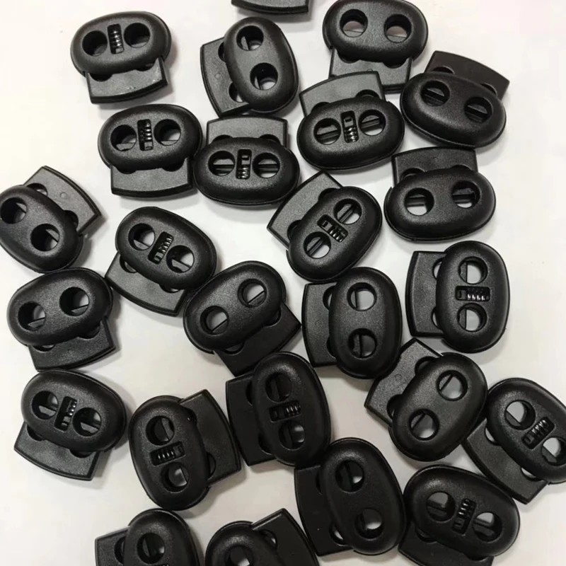 100Pcs Black Twin Hole Plastic Stopper Cord Locks Bean Drawstring Toggle Clip Apparel Shoelace Spring Button Size 4mm 5mm
