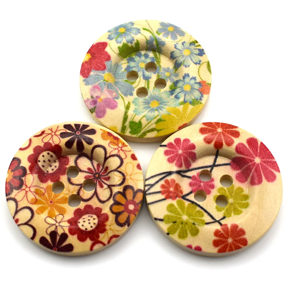 50PCS 30MM Flower Pattern Painting Wooden Buttons Sewing Clothes Boots Coat Accessories Flat Back Embellishments Wooden Button