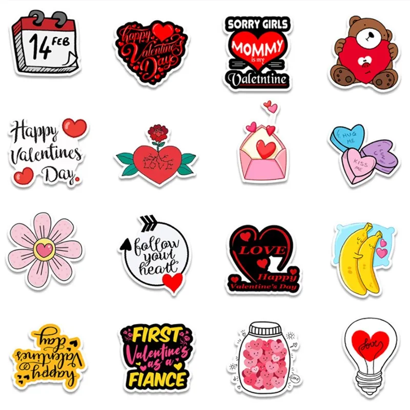 50Pcs/Set Wholesale Valentine's Day Stickers For Luggage Laptop Skateboard Water Bottle Car Decal Kids Gifts