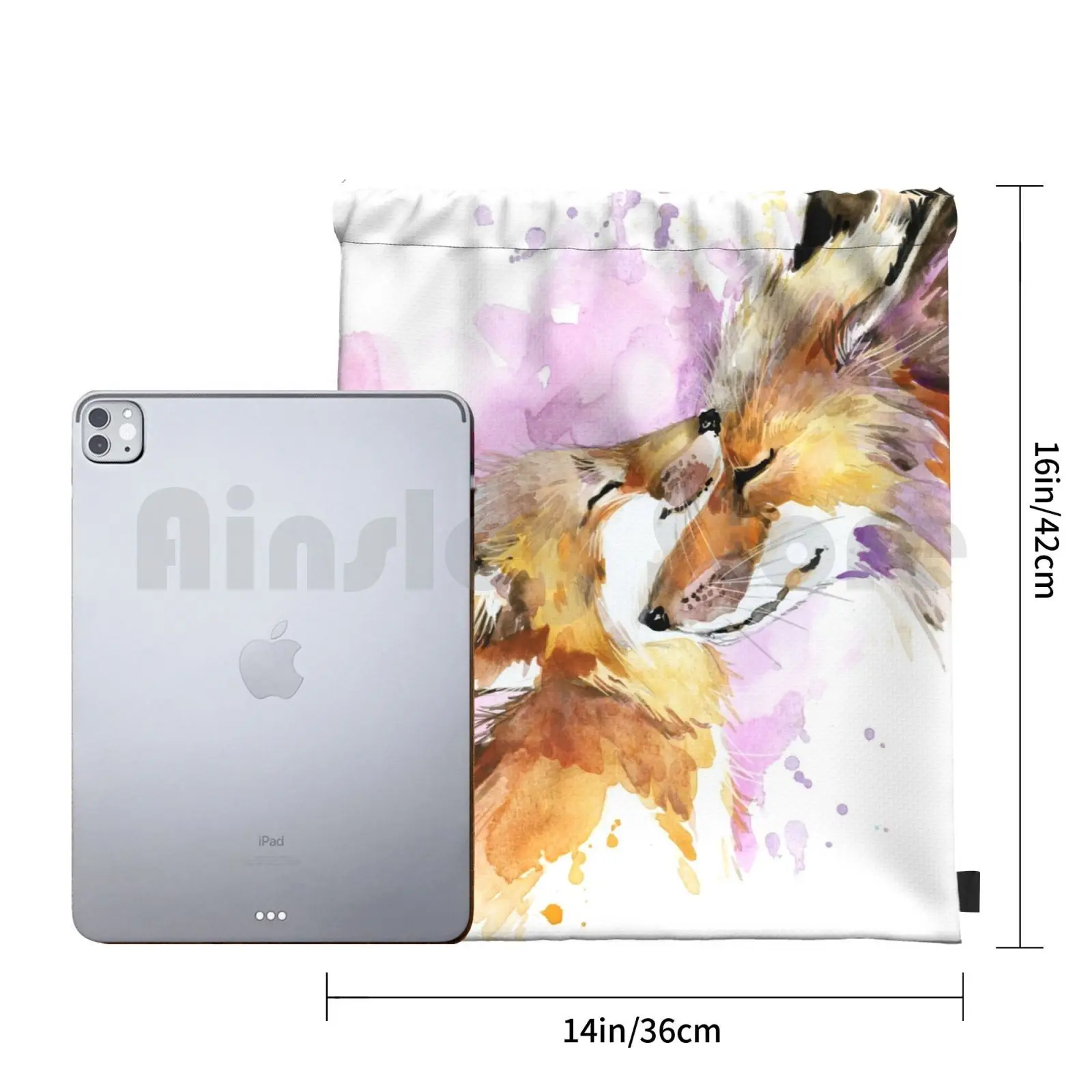 아름다운 여우 엄마와 새끼 수채화 디자인. 배낭 졸라매는 끈 가방 승마 등산 체육관 가방 폭스 폭스 어머니 엄마 엄마