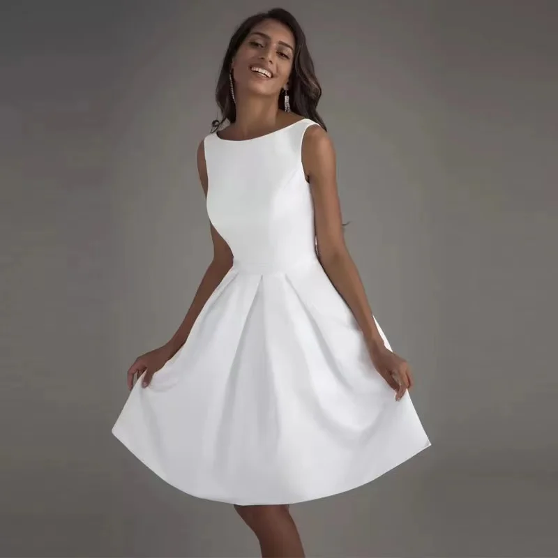 Robe de Mariée Courte en Satin Blanc Ivoire, Vêtement de ixde Mariage, de Haute Qualité, 2021