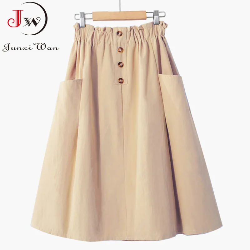 Women Summer Skirt Spring Korean Style Casual Solid High Waist  A-Line Midi Skirts With Pocket Girls Elegant Faldas