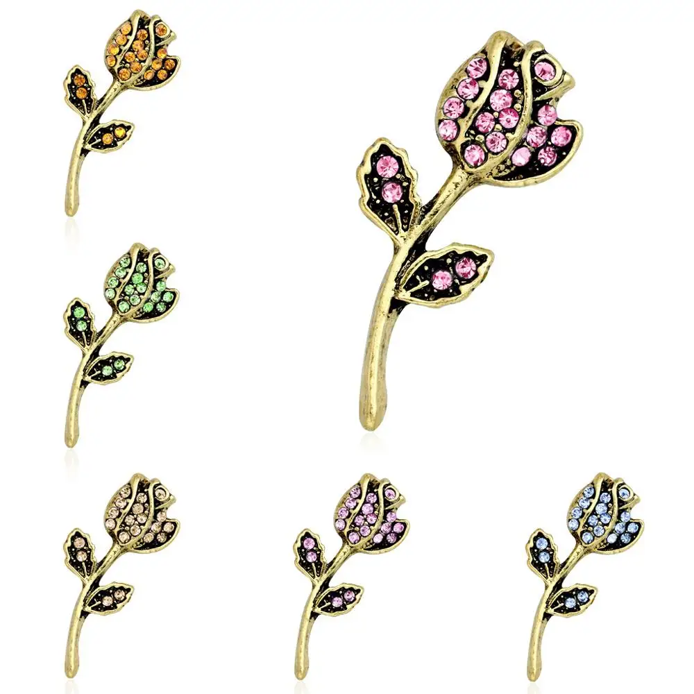 6pcs/set small size green pink blue rhinestone Rose flower plant brooch pins